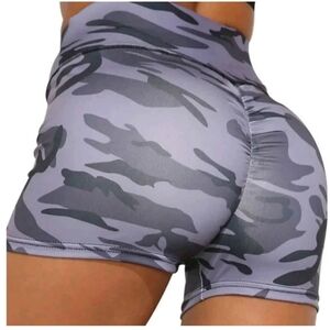 Womens Shorts Gray Camo Butt Lift Compression Yoga Sports Gym Fitness Small